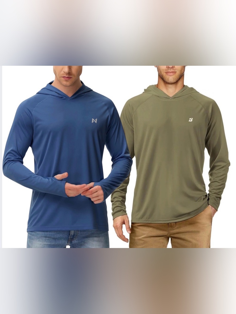 Men’s Swim/Sun/Fishing/Performance Lightweight Hooded Long-Sleeve 2-Pack